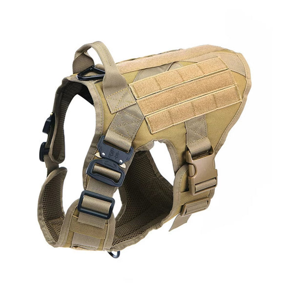 Black tactical dog harness with adjustable straps and metal buckles